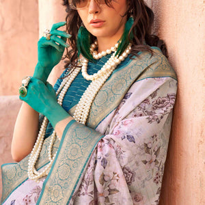 Light Mauve Woven Floral Printed Georgette Saree