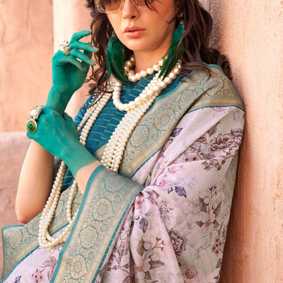 Light Mauve Woven Floral Printed Georgette Saree