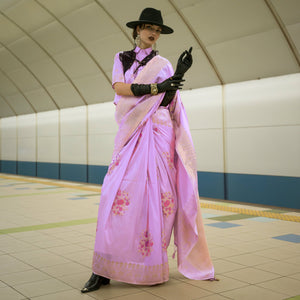 Lavender Floral Woven Art Silk Saree With Tassels