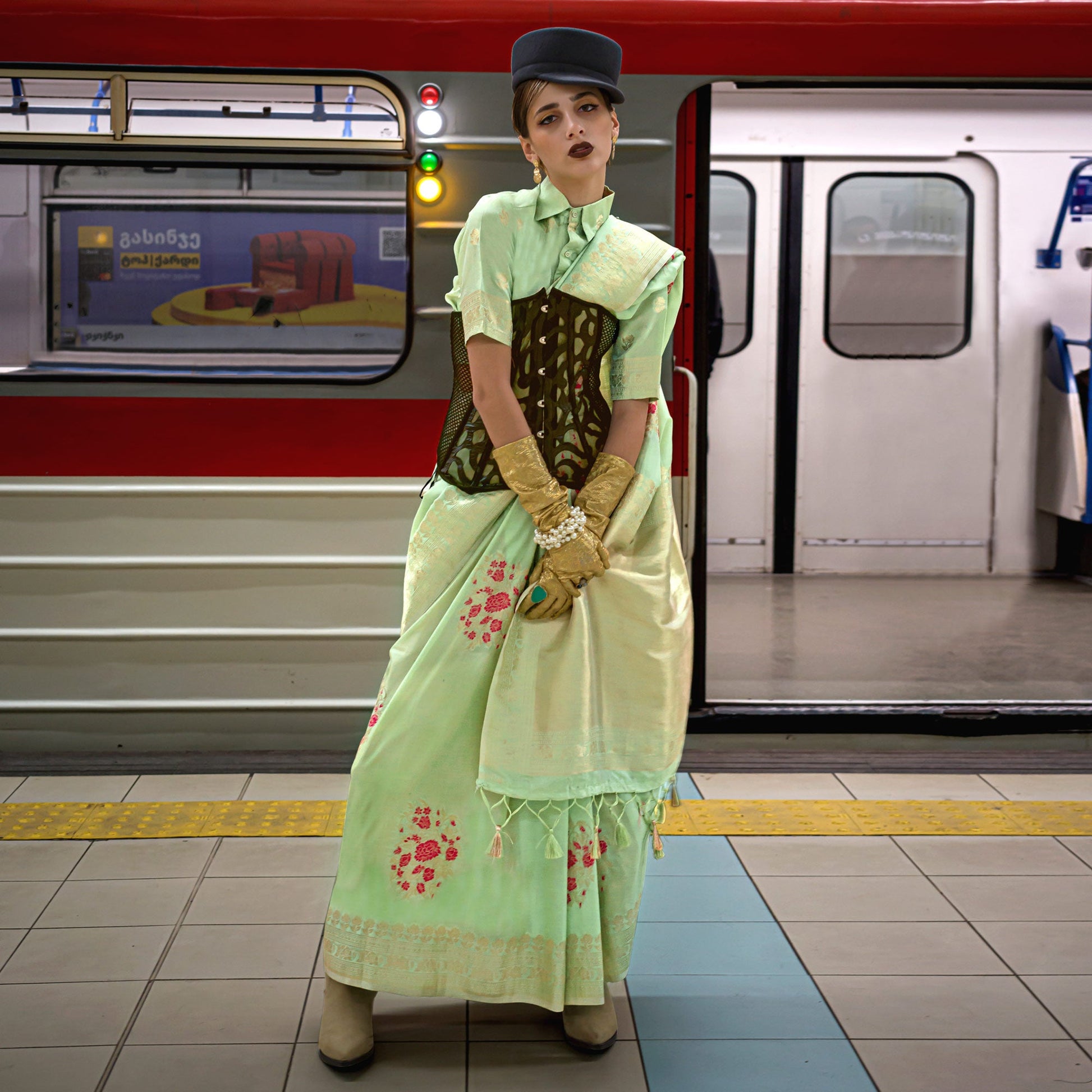 green-floral-woven-art-silk-saree-with-tassels-3