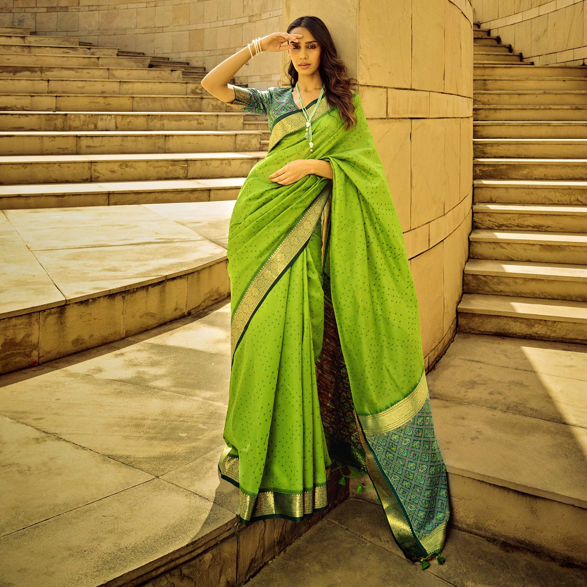 green-weaved-patola-tussar-silk-saree-with-tassels