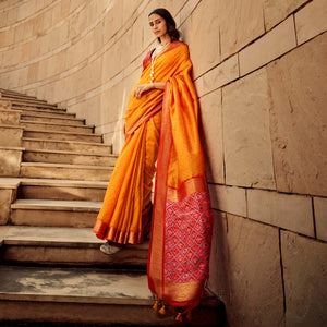 Carrot Orange Weaved Patola Tussar Silk Saree With Tassels
