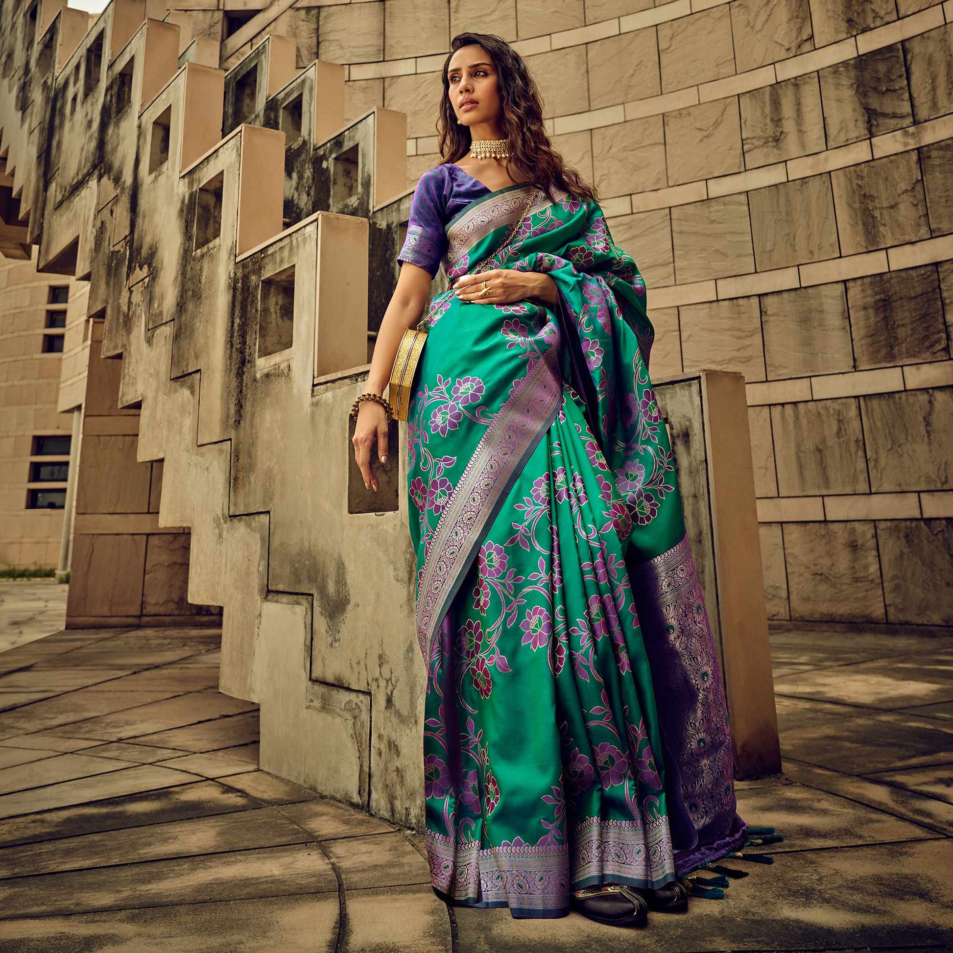 green-floral-woven-satin-saree-with-tassels-2