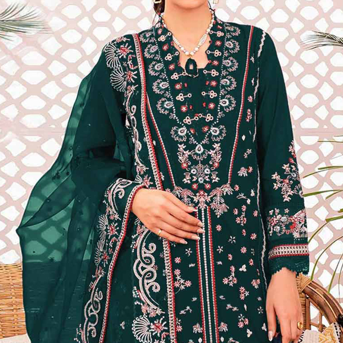 Bottle Green Floral Embroidered Georgette Semi Stitched Suit