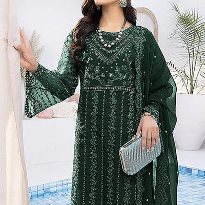 Bottle Green Floral Embroidered Organza Semi Stitched Suit