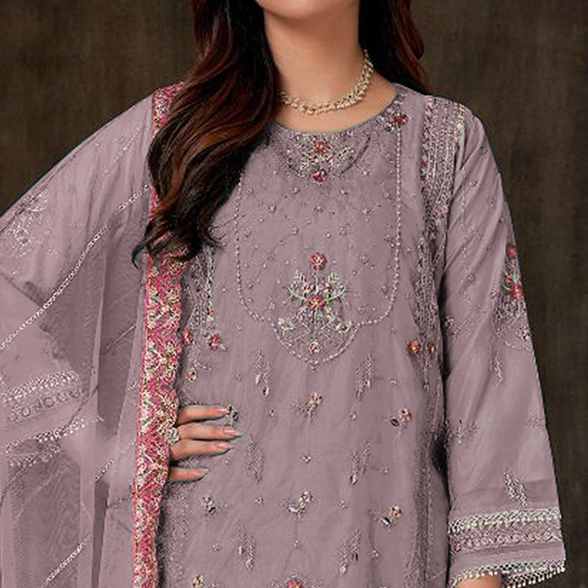 Mauve Floral Embroidered Georgette Pakistani Semi Stitched Dress Material