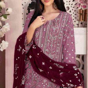 Mauve Floral Embroidered With Handwork Georgette Semi Stitched Pakistani Suit