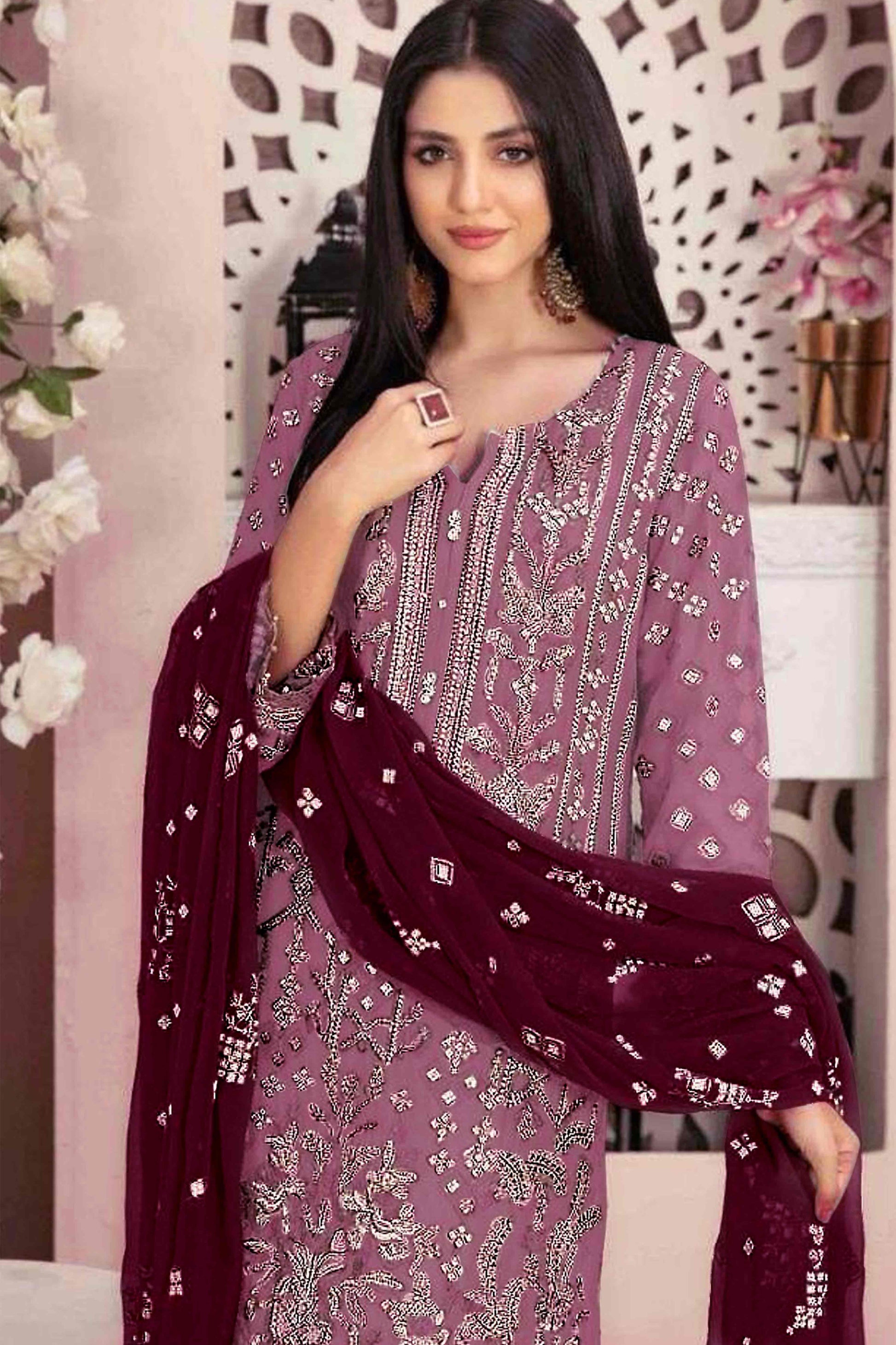 Mauve Floral Embroidered With Handwork Georgette Semi Stitched Pakistani Suit