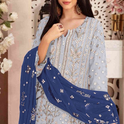 Greyish Blue Floral Embroidered With Handwork Georgette Semi Stitched Pakistani Suit