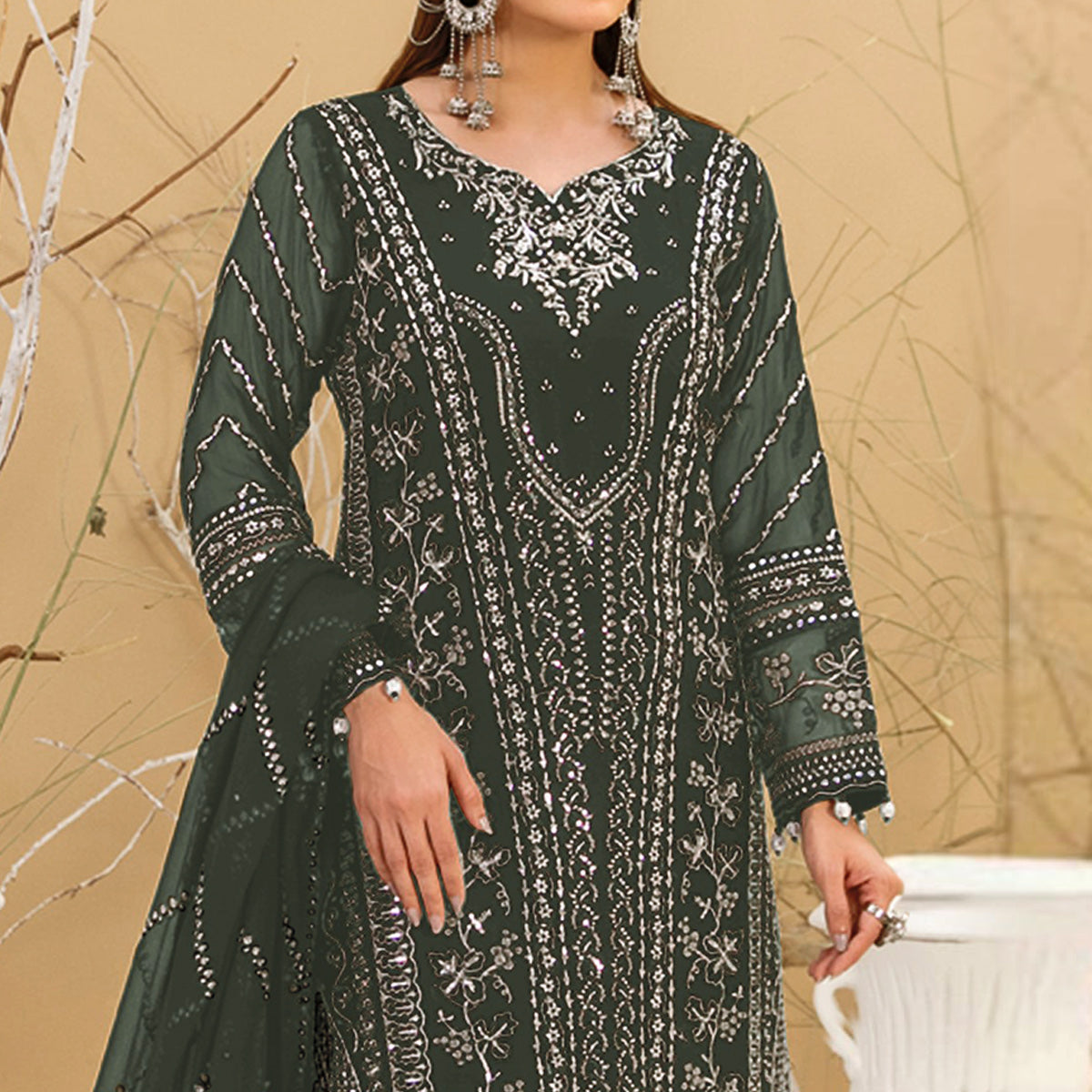 Mehendi Green Floral Embroidered Georgette Semi Stitched Pakistani Suit