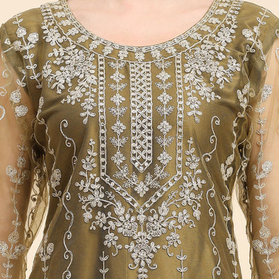 Mehndi Green Sequins Embroidered Net Semi Stitched Pakistani Suit
