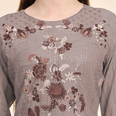 Brown Floral Embroidered Georgette Semi Stitched Pakistani Suit