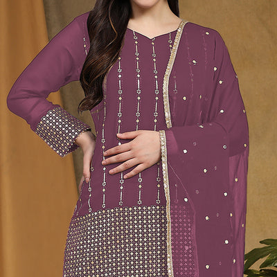 Mauve Sequins Embroidered Georgette Semi Stitched Salwar Suit