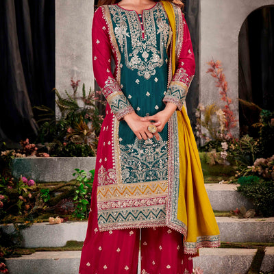 Cherry Red & Teal Green Floral Sequins Embroidered Chinon Silk Semi Stitched Palazzo Suit