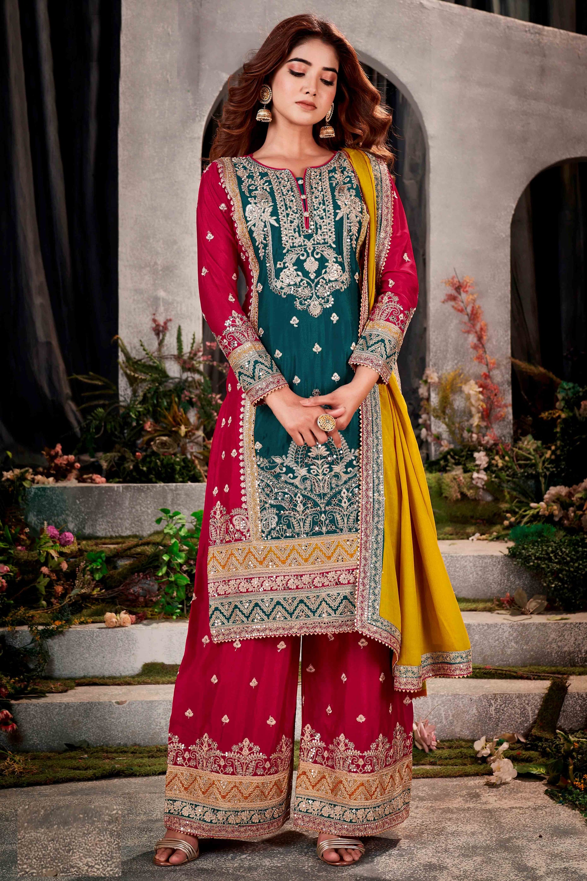 Cherry Red & Teal Green Floral Sequins Embroidered Chinon Silk Semi Stitched Palazzo Suit
