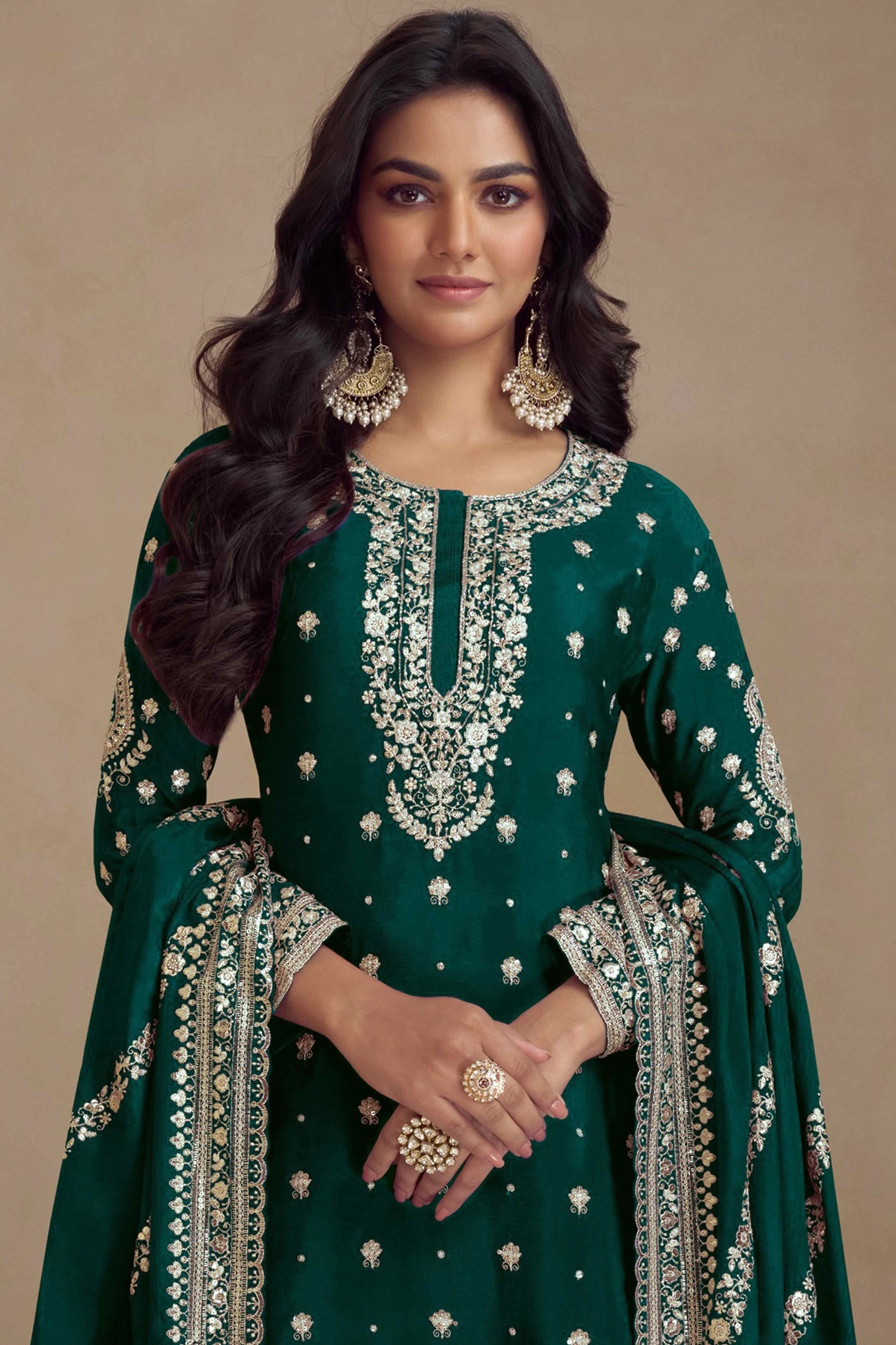 green-floral-sequins-embroidered-satin-silk-semi-stitched-suit