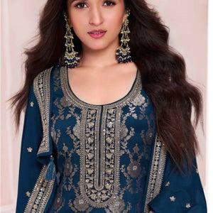 Blue Woven With Embroidered Jacquard Viscose Semi Stitched Salwar Suit