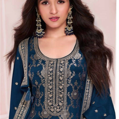 Blue Woven With Embroidered Jacquard Viscose Semi Stitched Salwar Suit
