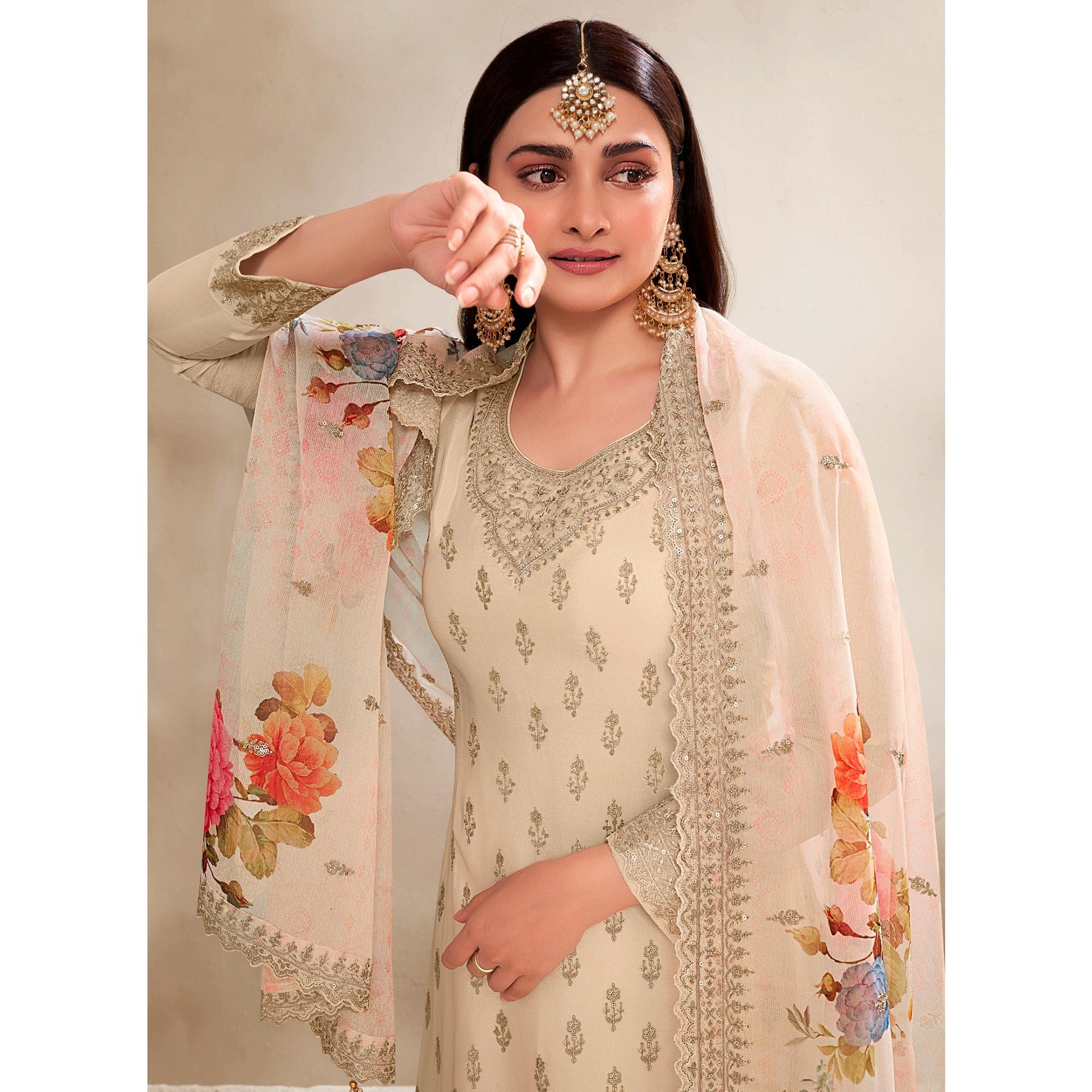 Cream Embroidered Chinon Semi Stitched Dress Material With Palazzo