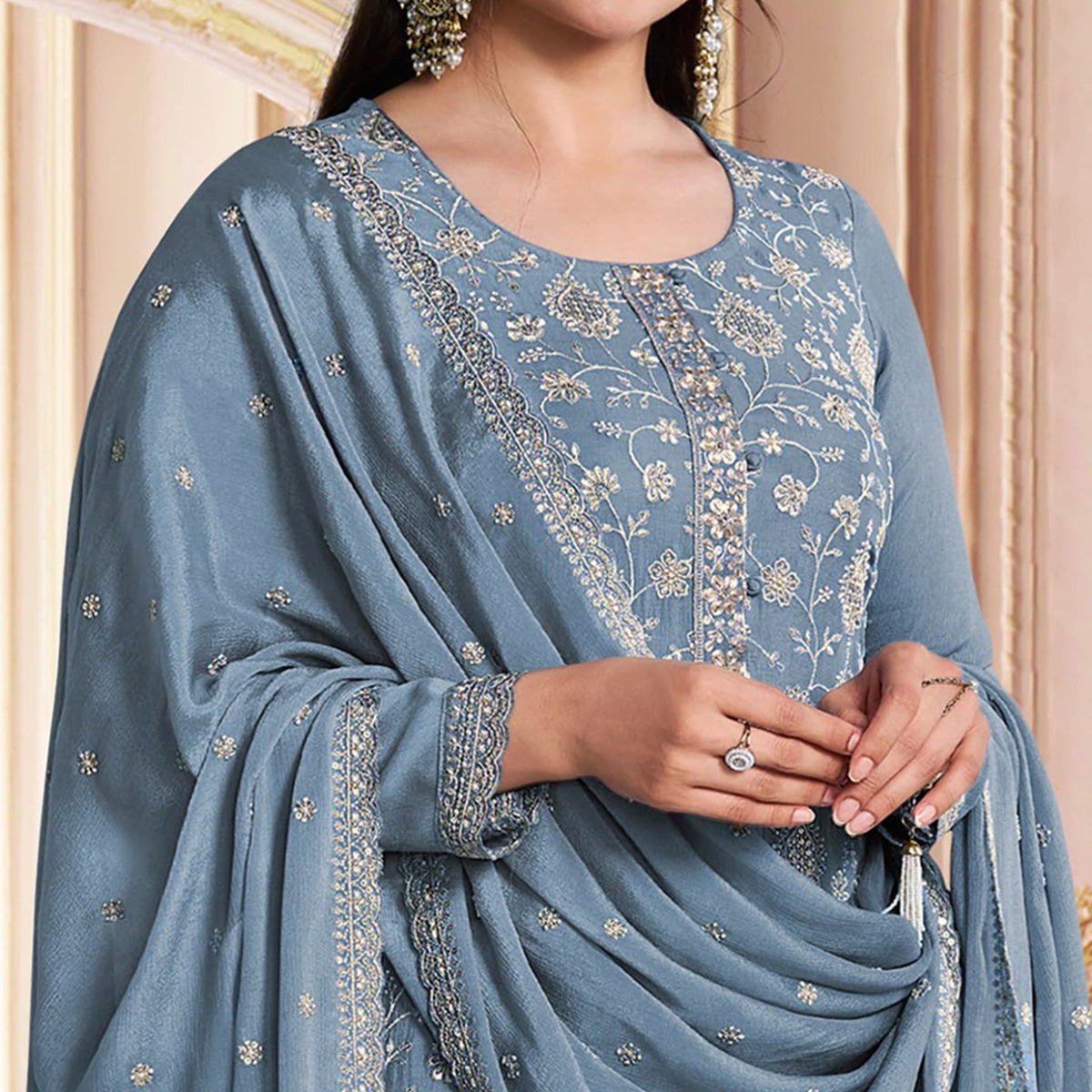 grey-embroidered-with-diamond-work-chinon-silk-semi-stitched-suit