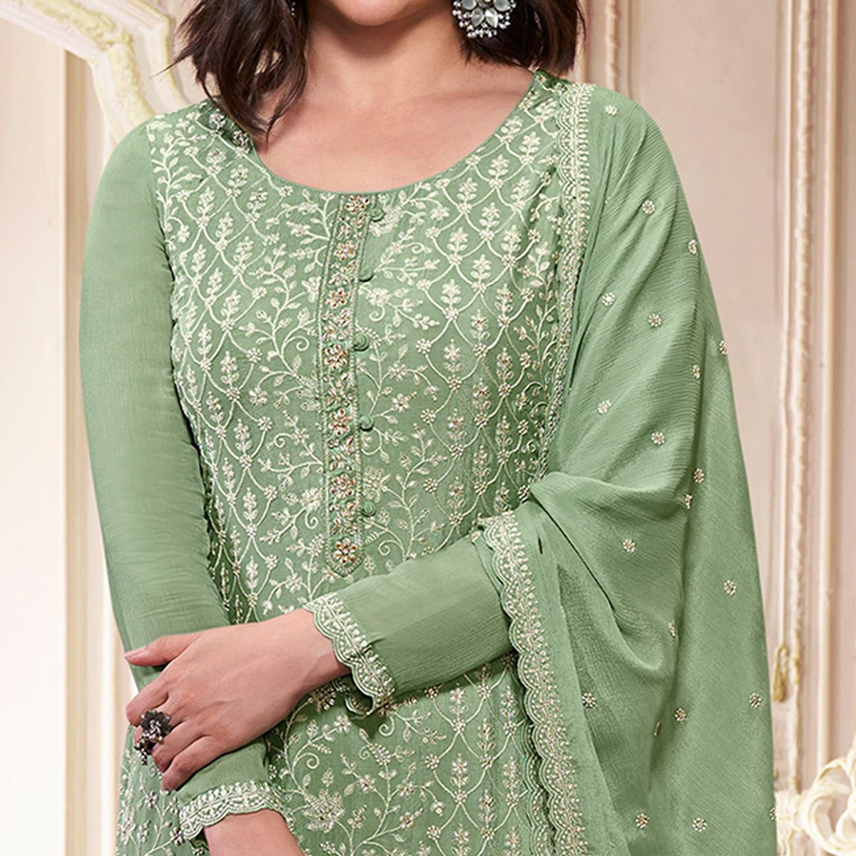 green-embroidered-with-diamond-work-chinon-silk-semi-stitched-suit