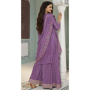 Dusty Purple Floral Embroidered Chinon Sharara Salwar Suit