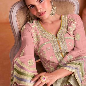 Gajari Pink Floral Sequins Embroidered Chinon Palazzo Suit