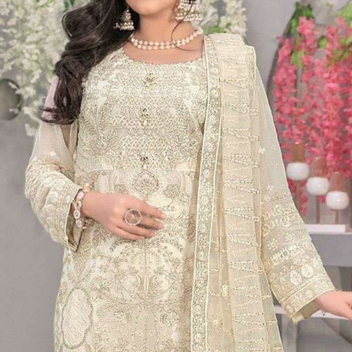 Cream Embroidered Georgette Semi Stitched Pakistani Suit