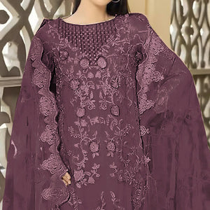 Dark Mauve Floral Embroidered Georgette Semi Stitched Pakistani Suit