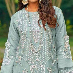 Light Turquoise Floral Embroidered Organza Semi Stitched Pakistani Suit