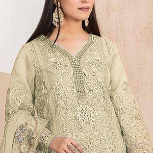 Cream Floral Sequins Embroidery With Motiwork Organza Semi Stitched Pakistani Suit