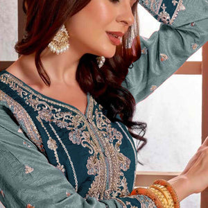 Morpich Blue Floral Sequins Embroidery Vichitra Silk Semi Stitched Pakistani Suit
