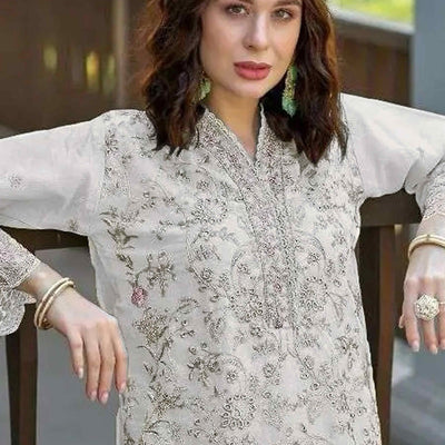 Cream Floral Sequins Embroidery Organza Semi Stitched Pakistani Suit