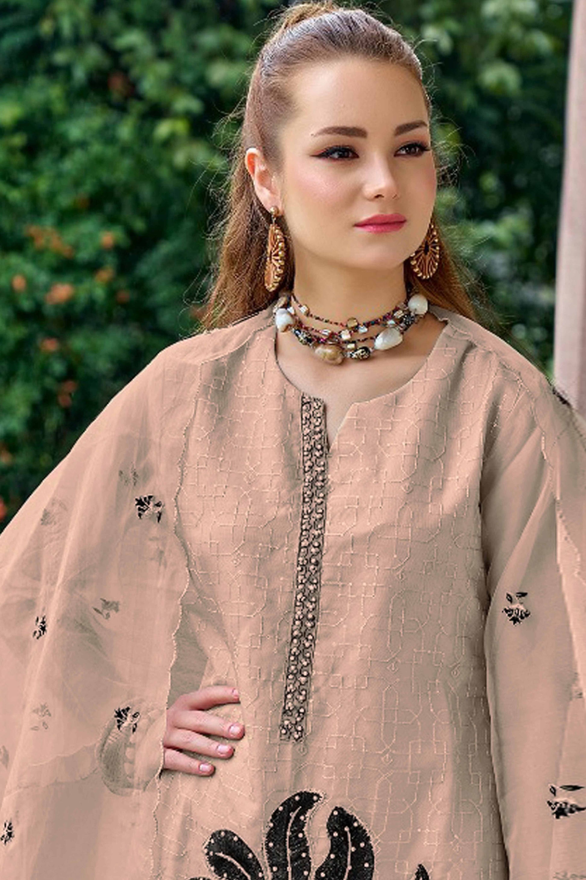 Chikoo Floral Sequins Embroidered Organza Semi Stitched Pakistani Suit