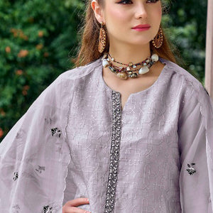 Lavender Floral Sequins Embroidered Organza Semi Stitched Pakistani Suit