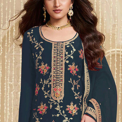 Dark Rama Blue Floral Woven With Embroidered Viscose Semi Stitched Suit