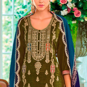Mehendi Green Floral Sequins Embroidered Chinon Semi Stitched Palazzo Suit