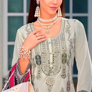 Cream Floral Sequins Embroidered Chinon Semi Stitched Palazzo Suit