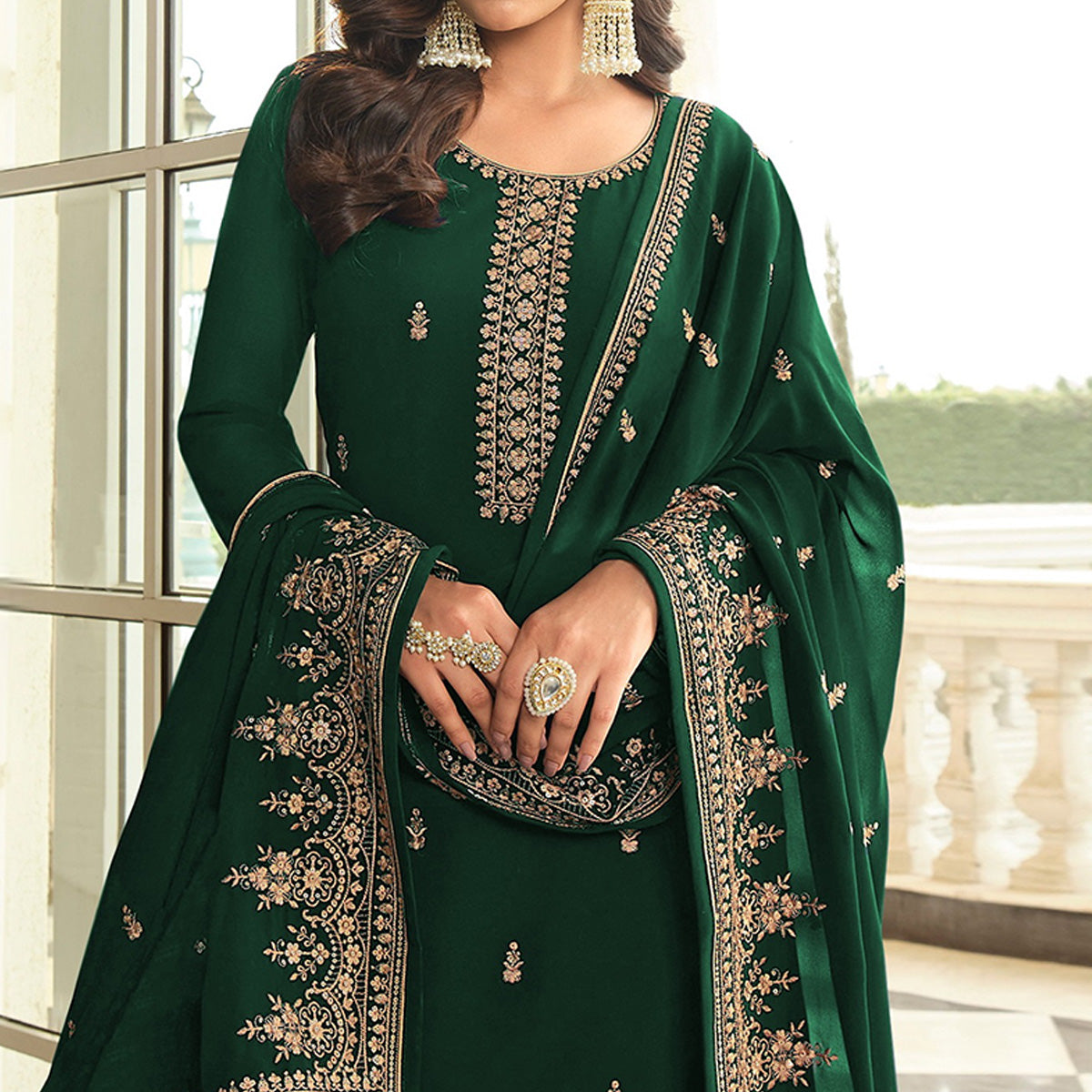 green-floral-sequins-embroidered-georgette-semi-stitched-dress-material