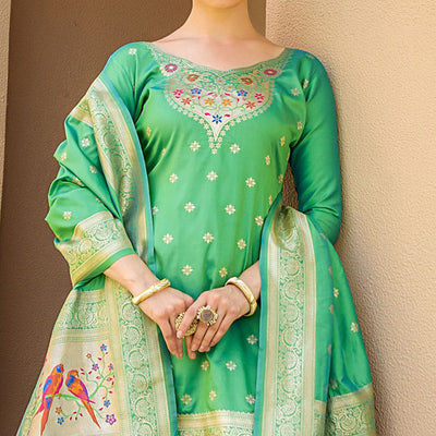 green-floral-woven-banarasi-silk-paithani-dress-material