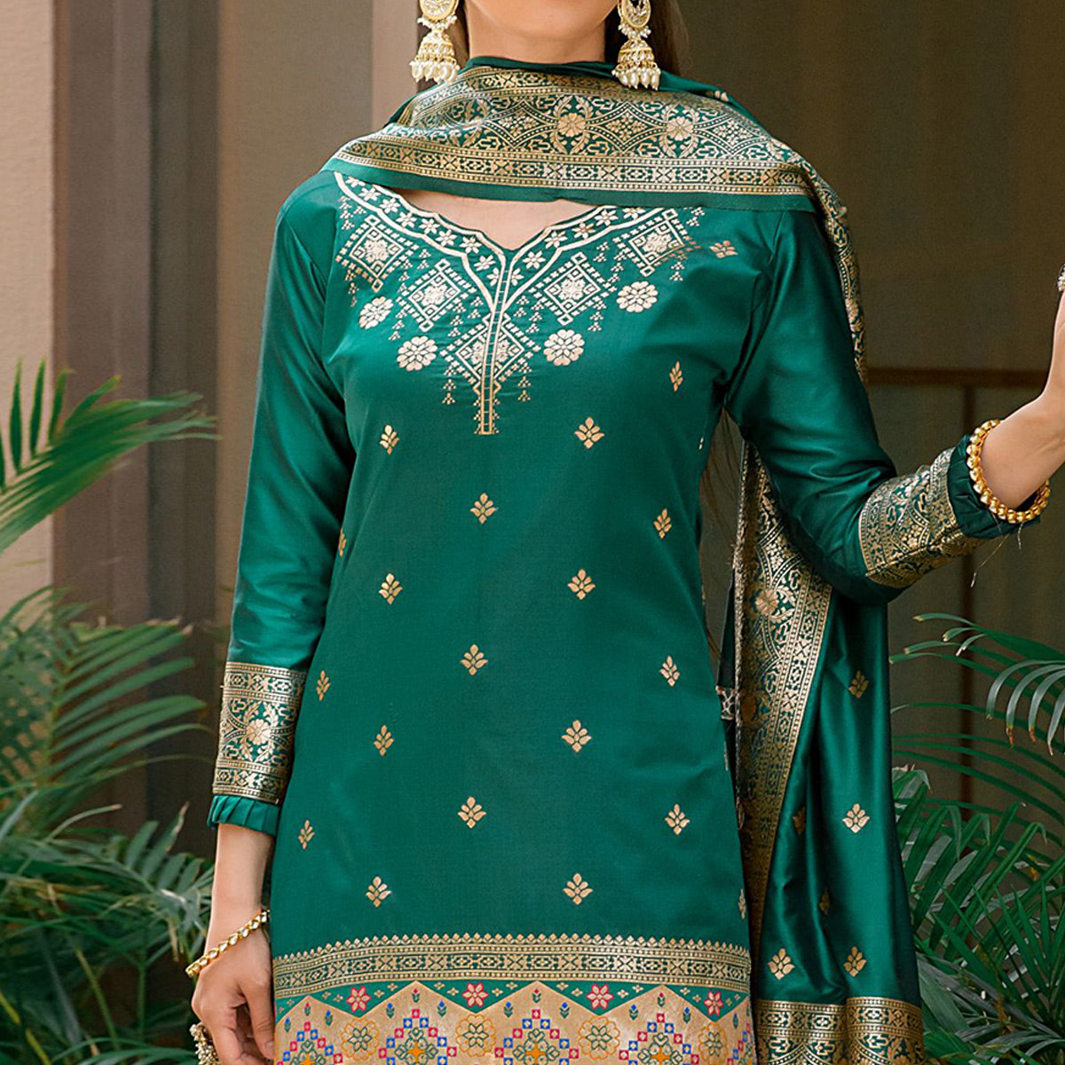 green-floral-woven-banarasi-silk-paithani-dress-material-1