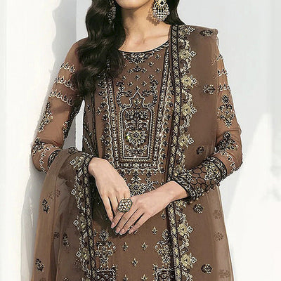 Brown Floral Embroidered Georgette Semi Stitched Pakistani Suit