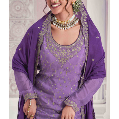 Lavender Sequins Embroidered Chinon Sharara Suit