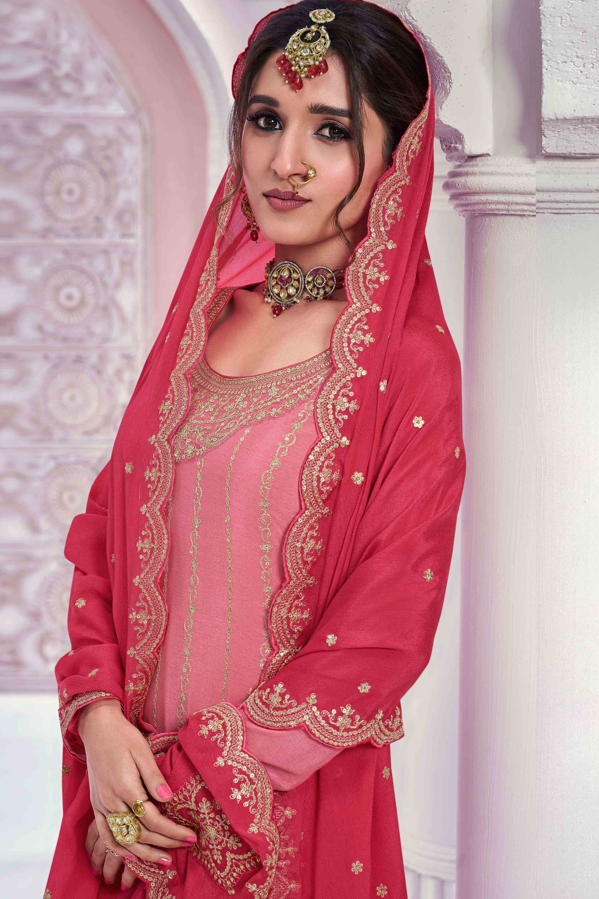 Gajari Pink Sequins Embroidered Chinon Sharara Suit