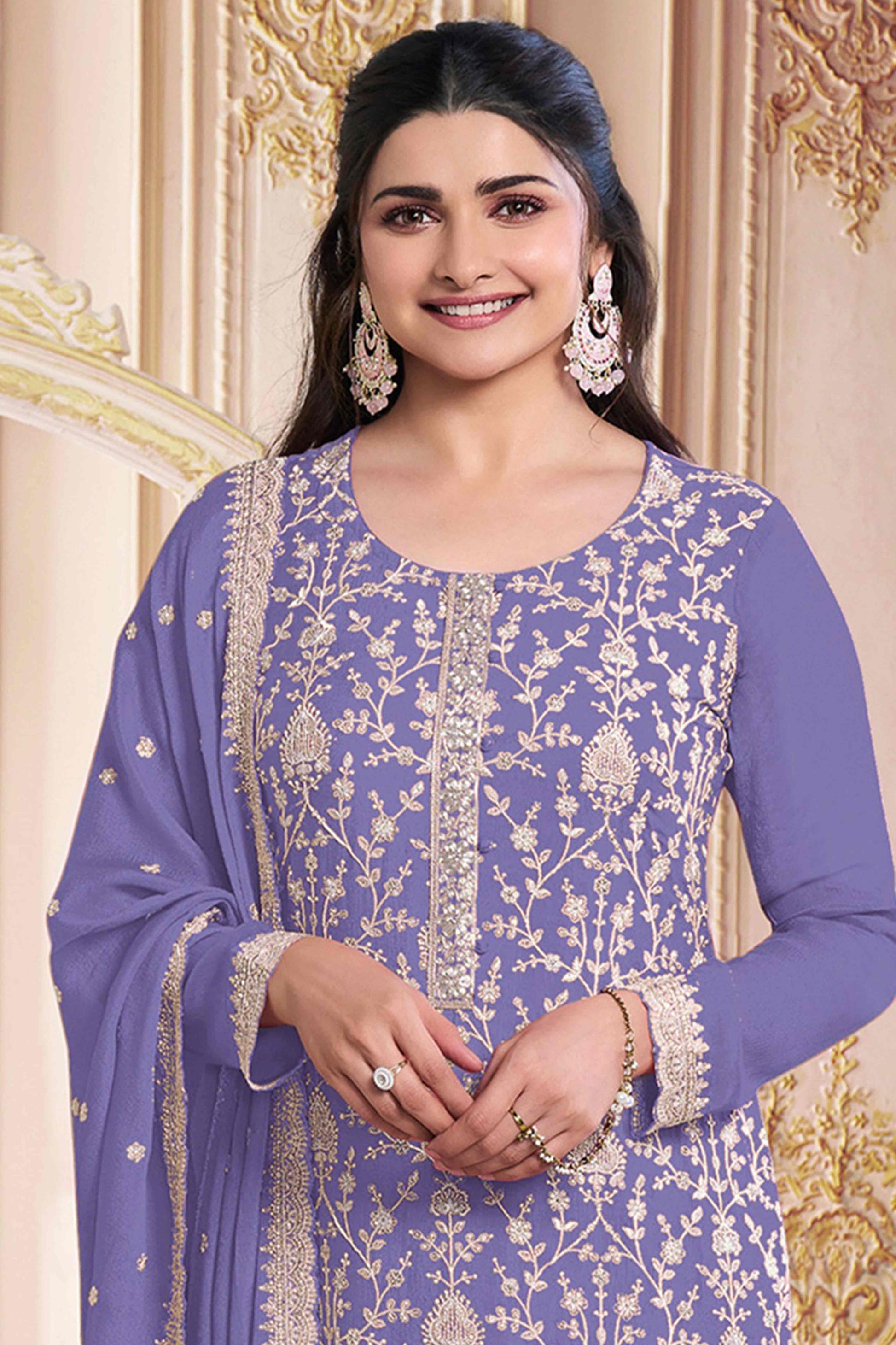 Lavender Floral Sequins Embroidery Georgette Semi Stitched Salwar Suit