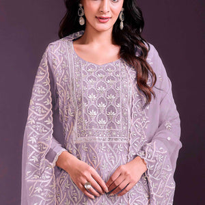 Lavender Floral Sequins Embroidered Chinon Semi Stitched Suit