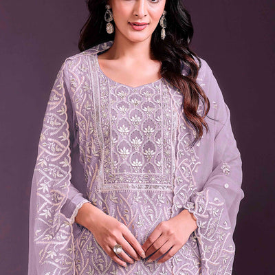 Lavender Floral Sequins Embroidered Chinon Semi Stitched Suit