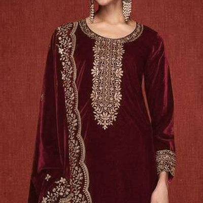 Maroon Floral Embroidered Velvet Semi Stitched Suit