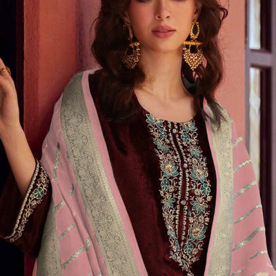 Brown Embroidered Velvet Semi-Stitched Salwar Suit