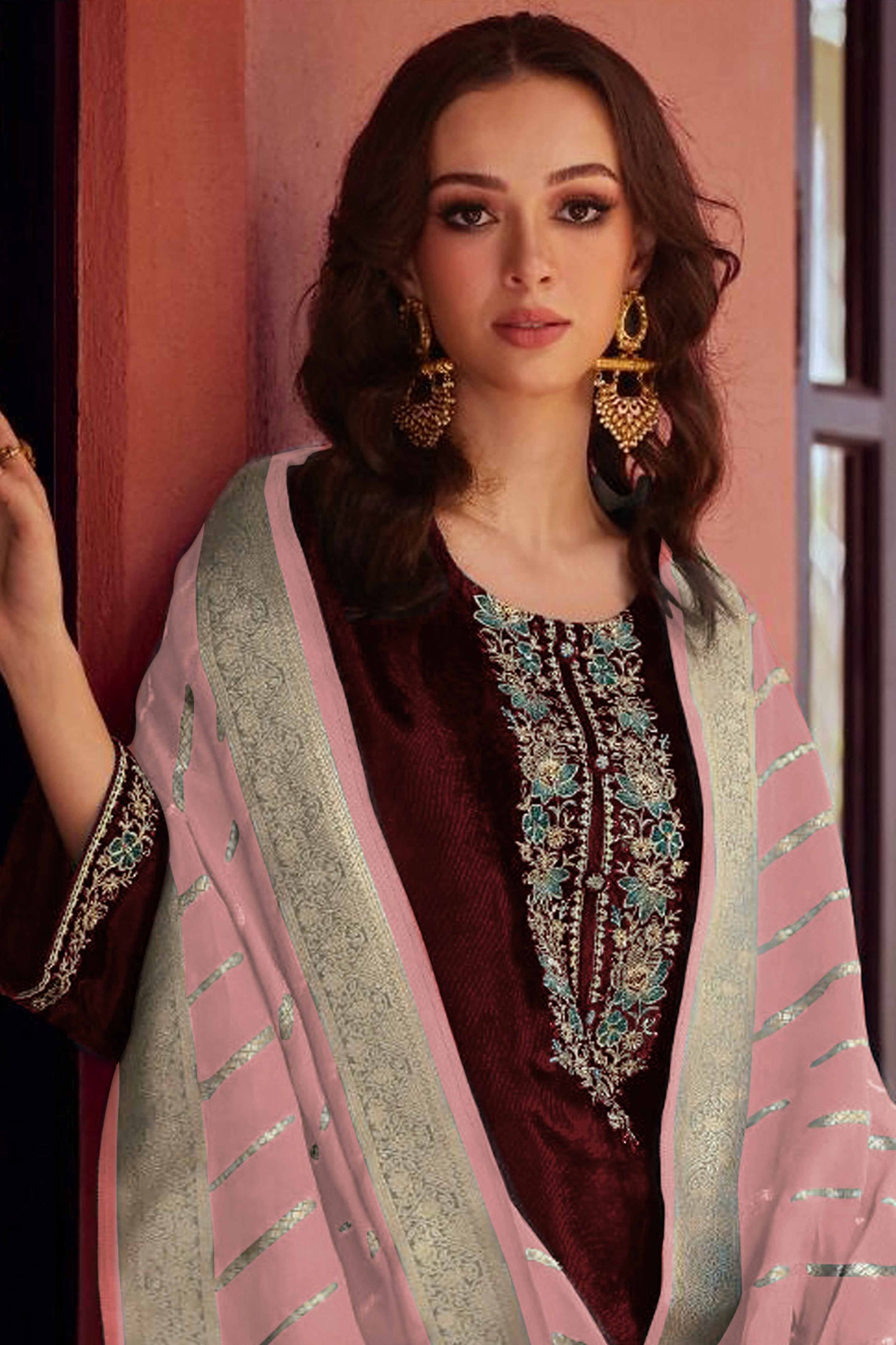Brown Embroidered Velvet Semi-Stitched Salwar Suit